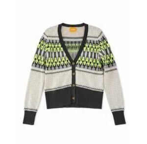 WISPR Womens Cardigan Medium Cream Gray Cotton Blend Neon Chevron Fair Isle